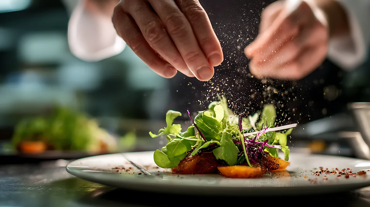 Chef working in a busy open kitchen during restaurant service