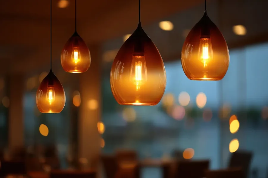 Amber glass pendant lights hung at staggered heights over a dining room