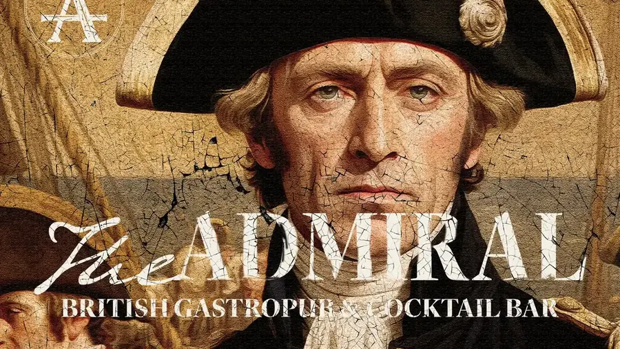 The Admiral British Gastropub key visual, a cracked-varnish portrait under the wordmark
