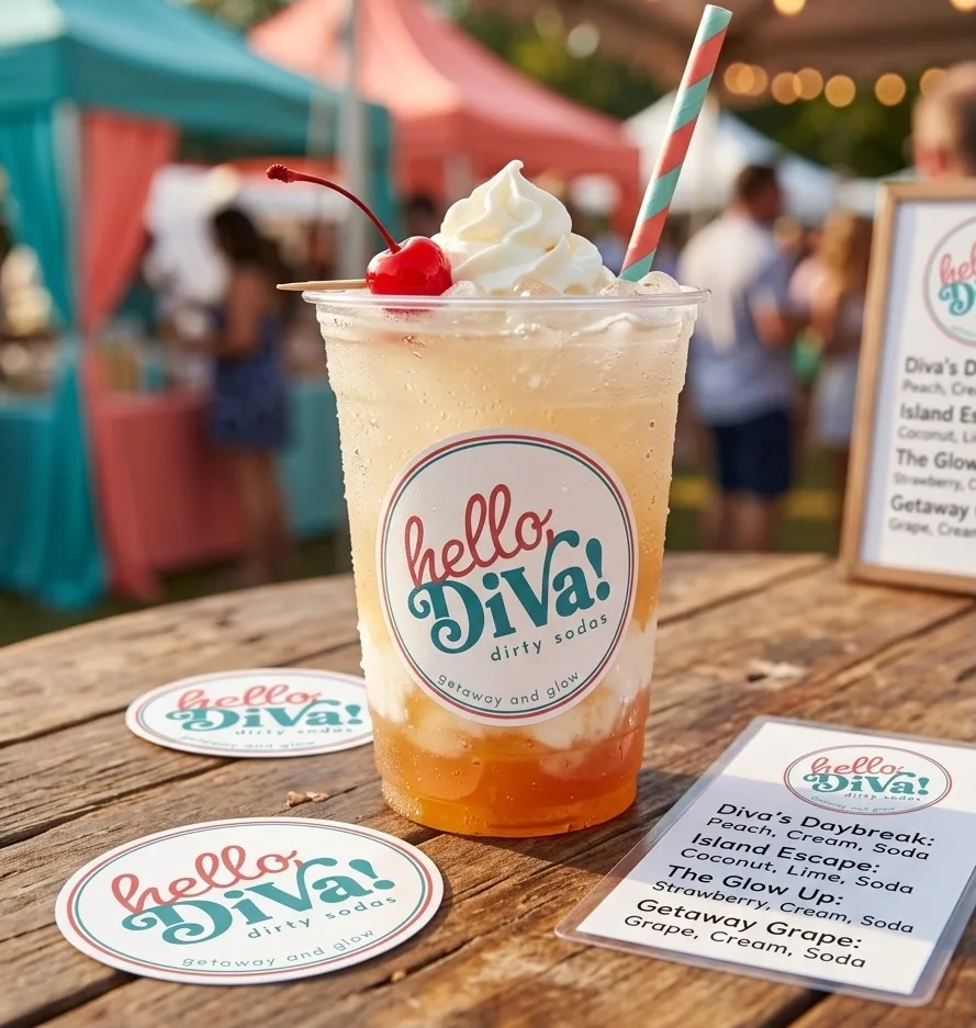 Hello Diva brand logo and print mockup.